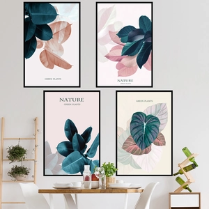 Minimalist pink and teal botanical leaf wall art set with black frames for home decor