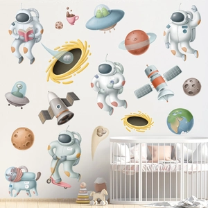Cartoon space astronaut wall decals set with planets and rockets for nursery wall decor