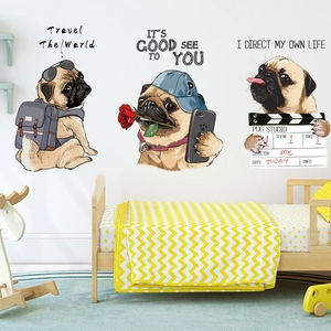 Nordic cartoon Pug wall stickers featuring travel and positive quotes for kids' room decor