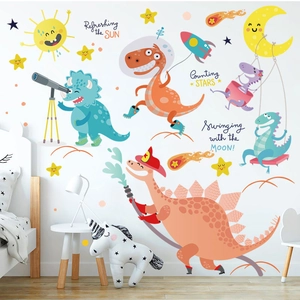 Cartoon Dinosaur Space Astronaut Wall Sticker Waterproof PVC Decal For Kids Room Nursery Classroom Wall Decoration