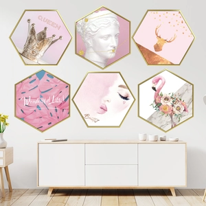 Modern hexagon wall art set of 6 with pink flamingos and gold frames for bedroom decor