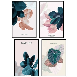Modern 4-piece framed wall art set featuring tropical pink and green botanical leaf prints