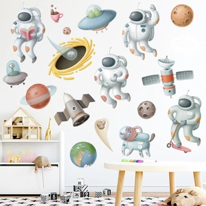 Space astronaut wall stickers set with cartoon planets and rockets for nursery room