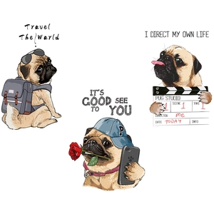 Three cute cartoon Pug dog wall stickers set for minimalist Nordic bedroom decor