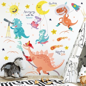 Cartoon dinosaur wall decals featuring astronaut and explorer themes for kids room decor