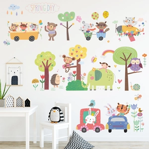 Cartoon forest animal wall stickers with elephant, lion and bear for kids nursery room decor