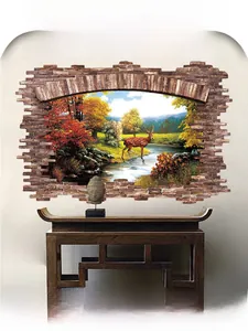 Vue détaillée du sticker mural 3D cerf de forêt avec effet de mur brisé créatif pour le salon