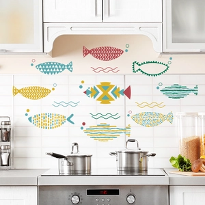 Colorful geometric fish wall stickers for kitchen decor, waterproof Nordic PVC tile decals