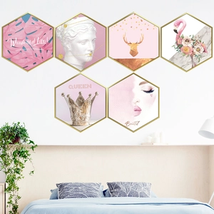 Pink flamingo and crown hexagon wall art set with golden frames for bedroom decoration