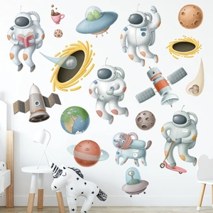 Cartoon astronaut and planet wall stickers in macaron colors for children's room decor