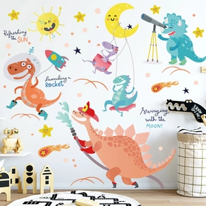 Cute cartoon dinosaur wall stickers set with colorful stars for nursery room decor