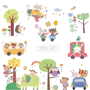 Cute forest animals wall stickers featuring elephant and bear in pastel spring forest