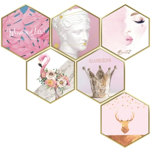 Pink flamingo and floral hexagonal wall art set with gold frames for bedroom decor