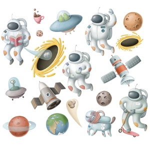 Cartoon astronaut and planet wall stickers featuring UFO, black hole and cute space dog