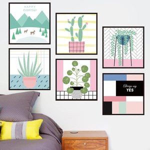 6-piece set of minimalist floral wall art with cactus and nature prints in black frames