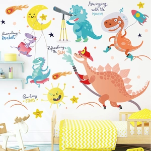 Cartoon dinosaur wall stickers with rockets and stars for kids' bedroom decoration