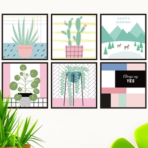 Set of 6 minimalist botanical wall art prints featuring green plants in black frames