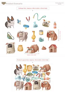 Detail view of cartoon dog wall stickers layout and finished dimensions on grid background