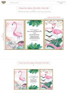 Detail of pink flamingo and tropical leaf wall sticker with layout dimensions in 88x46cm