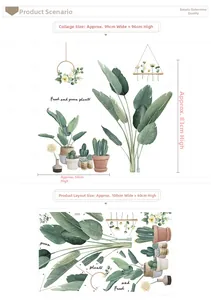 Vue détaillée des stickers muraux plantes tropicales avec dimensions précises