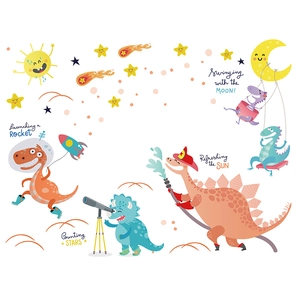 Space dinosaur wall stickers featuring astronaut T-Rex and rocket decals for kids rooms