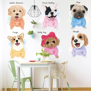 Cute Cartoon Dogs Wall Stickers Wearing Colorful Hoodies For Kids Room Decor Waterproof PVC Puppy Wall Decals Nursery Art Posters