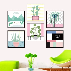 Modern floral and cactus wall art stickers set in Nordic minimalist style for home decor