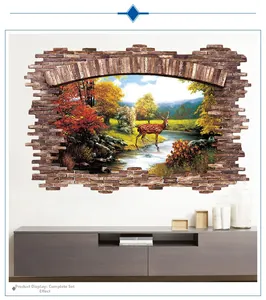 Détail du sticker mural 3D effet mur brisé avec cerf et paysage d'automne décoratif
