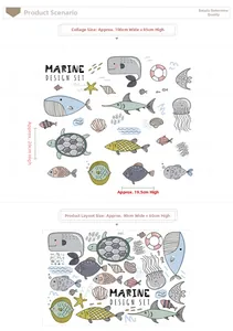 Detail showing marine animals wall stickers layout and 100x85cm DIY display