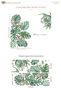 Detail view of tropical monstera leaf wall stickers with layout and dimensions information