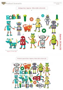 Tableau des tailles pour stickers muraux robots avec dimensions 100x65cm et planche 90x60cm