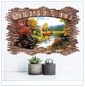 Détail du sticker mural 3D avec paysage de forêt d'automne et motif de cerf