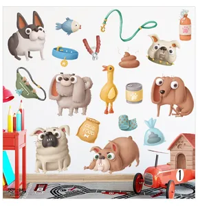 Detail of cartoon dog wall stickers with illustrations of bones and pet houses on white wall