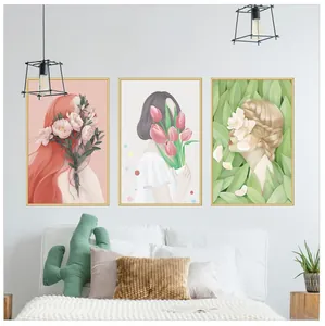 Detail of three-piece botanical female art wall stickers with elegant gold borders