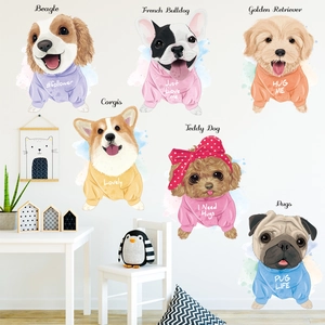 Cartoon dog wall stickers set with watercolor puppies in hoodies for nursery room decor