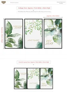 Detailed dimension guide for Nordic green plant PVC wall stickers in 91x48cm layout