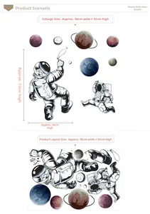 Detail showing space wall decal layout with astronauts and planets sized 94x93cm