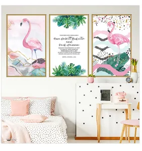 Detail view of pink flamingo and Titanic typography art prints in Nordic bedroom decor