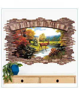 Sticker mural effet 3D avec cerf et rivière d'automne pour décoration de salon