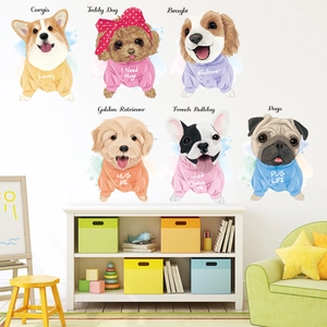 Set of six cute cartoon dogs wall decals in hoodies for children room decoration