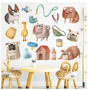 Close-up of cute cartoon dog wall stickers with watercolor puppy and pet food illustrations