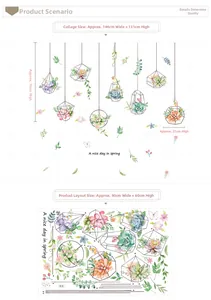 Watercolour succulent wall decals showing 144x131cm layout and 90x60cm sheet size