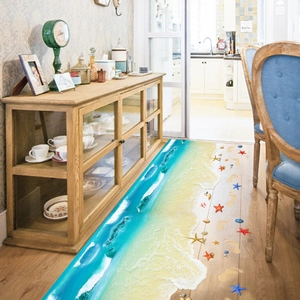 3D Meeresstrand Läufer Teppich mit blauen Wellen und Seesternen auf Holzfußboden