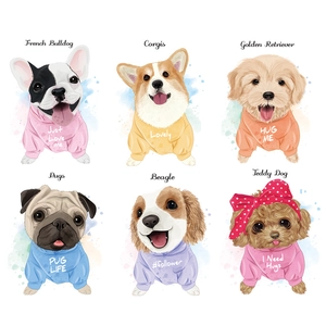 Set of 6 cute cartoon dog wall decals featuring Corgi and Frenchie in colorful hoodies