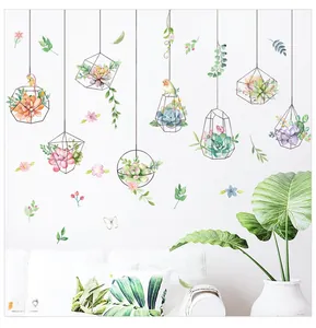 Wall decal with watercolor hanging plants, bird, and A nice day in spring text