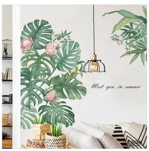 Detail of Nordic monstera wall stickers with floral elements and green tropical leaves