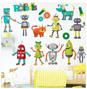 Vue détaillée de stickers muraux robots colorés dans une chambre d'enfant douillette