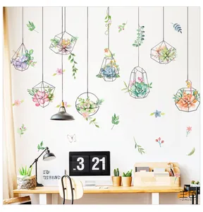 Detail of watercolor hanging succulent wall stickers with spring butterfly elements