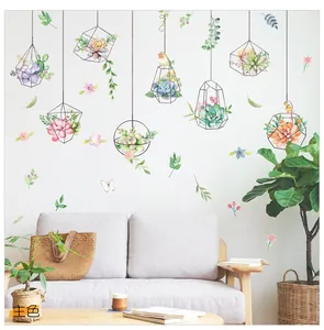 Detail of watercolor hanging succulent wall stickers with A Nice Day in Spring text