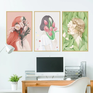 Three-piece set of minimalist wall art decals featuring floral feminine portraits
